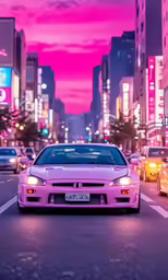 a car on the road near buildings at night