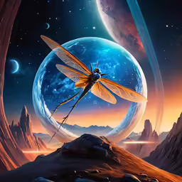 the dragon flys across a desert like landscape in front of planets
