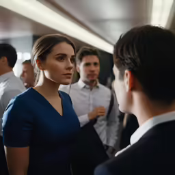 two people are talking in an office building