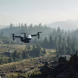 the remote controlled air vehicle is taking off from a grassy hill
