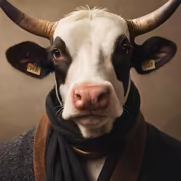 a cow with long horns has a scarf around its neck