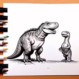 some color pencils on top of a white piece of paper,a drawing of an t - rex and a little boy