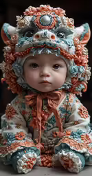 a toy doll with a hat, collar, and pants
