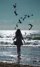 a woman walking on the beach while birds fly overhead