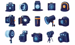 cameras and lens equipment displayed on white background