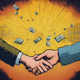 a couple of hands shake with money raining from them,hands shake over a wall of money