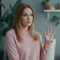 a beautiful woman in a pink sweater with her hand out