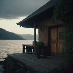 an out house at the edge of a body of water
