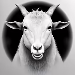 an animal with horns and white fur has an oval background