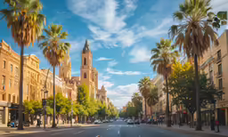 cars driving on a quiet city street under a clear sky
