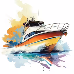 an orange boat is going out in the water