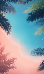 this painting shows palm trees against an orange and blue sky