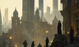 a photo of some people standing around by an old city