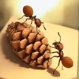 two ants are standing on a pile of nut shells