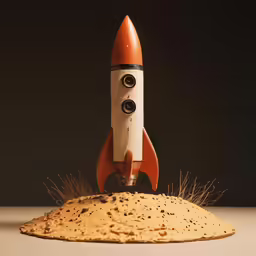 a small rocket sitting on top of a mound of dirt