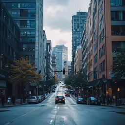 cars driving down a city street next to tall buildings