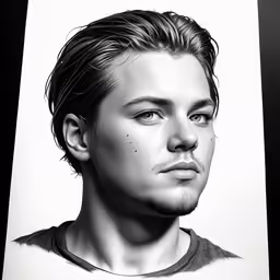 an art work of a man with a black and white portrait