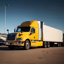 a large yellow truck is in an empty parking lot,an image of a yellow and white truck at the port