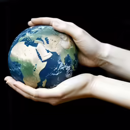 a hand holding an earth on black background