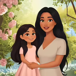a cartoon woman holding her little girl