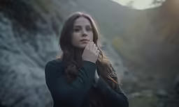a woman standing on a hillside with her hands clasped
