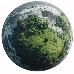 a man with a backpack walks past a grassy field with trees