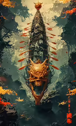 the alien monster floating in the air surrounded by fire and rocks