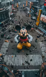 a person dressed as mickey mouse stands in the middle of a road in a city