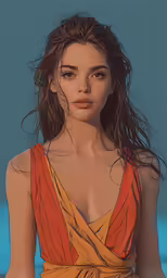 a young woman with long hair in a red and orange dress