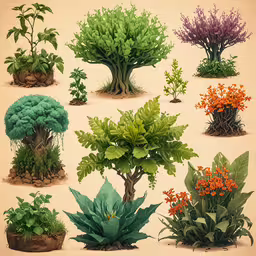 the bushes and flowers are displayed in different colors,this is an old time image of some plants