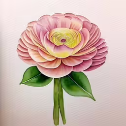 this is a painting of a peony on paper,this watercolor painting features an enormous pink flower