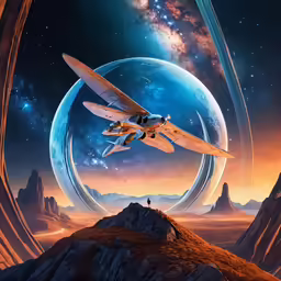 a space shuttle flying through the sky over mountains and planets