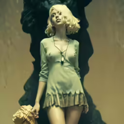 a woman in a short green dress walking by a statue
