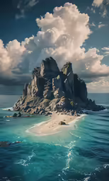 the image of two rocks on the shore is panoramic