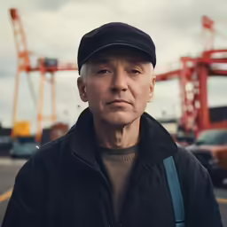 a man standing in front of trucks and cranes