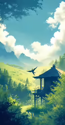 a bird flying over a tree house in the mountains