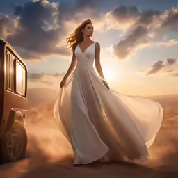 woman standing in front of car with clouds overhead