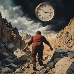 a man is walking up some rocks with a clock