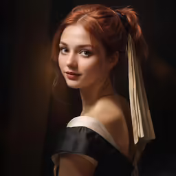 a woman with freckles, a top knot around her neck and a black dress on