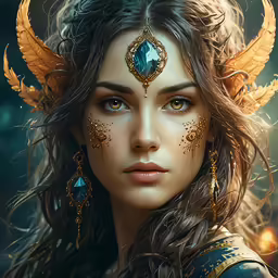 a female with a long, flowing hair and gold jewelry is staring into the camera