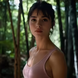 a young asian woman wearing a pink top poses in the woods