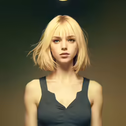 a blonde woman in black dress next to a half moon