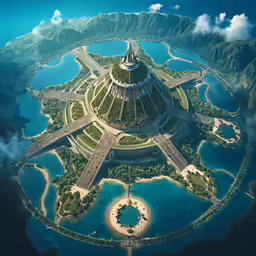 an island with a church, and some roads on top