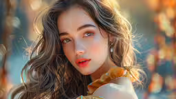 a pretty young woman with long hair posing for a portrait,a girl in a yellow dress and earrings with her hair flying in the wind