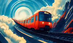 a train riding down tracks under a cloudy sky