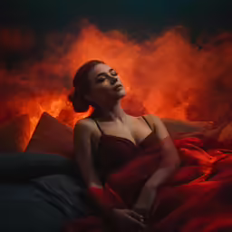 a young woman wearing red and looking at the sky