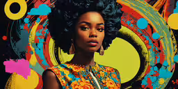 a person wearing a colorful dress with big afro hair,a black woman wearing large earrings next to an art piece