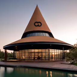 an odd shaped building with a tower, overlooking a pool