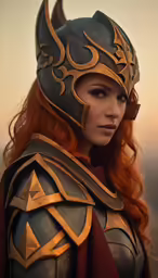 a woman dressed in armor and red hair