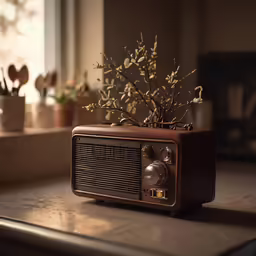 a radio sitting on a table next to a window